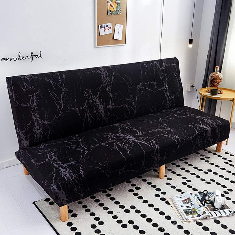 WOMACO Printed Futon Cover Stretch Sofa Bed Slipcovers Full Twin Queen Size Armless Couch Loveseat Protector Covers with Elastic Bottom for Living Room Bedroom Furniture (Black Marble, 63"-75") - Image 2